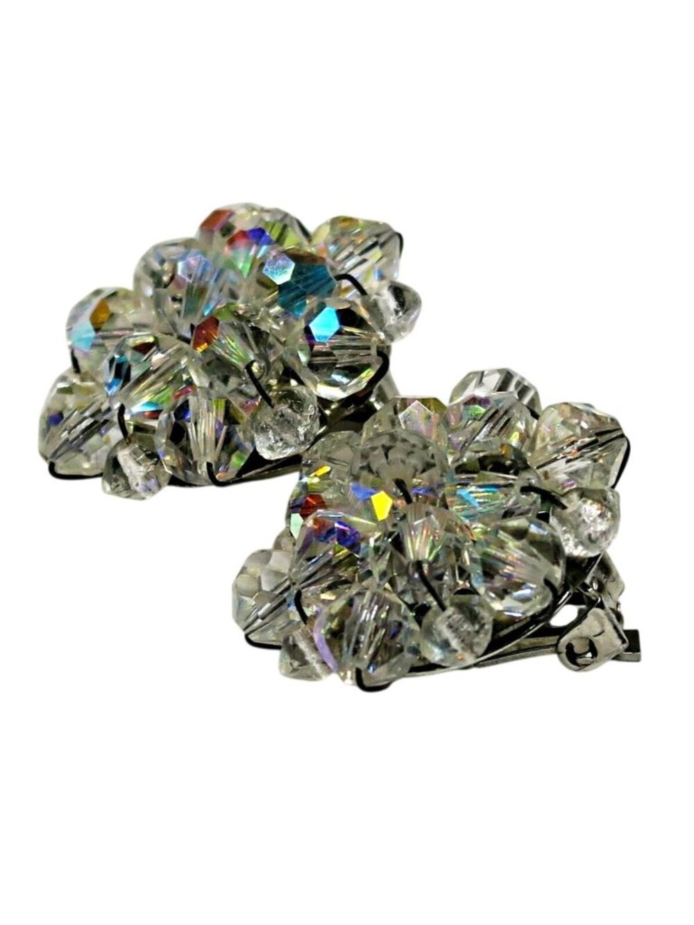 Mid‑Century Aurora Borealis Crystal Cluster Clip‑On Earrings, 1950s–60s